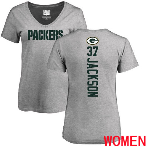Green Bay Packers Ash Women #37 Jackson Josh Backer V-Neck Nike NFL T Shirt->nfl t-shirts->Sports Accessory